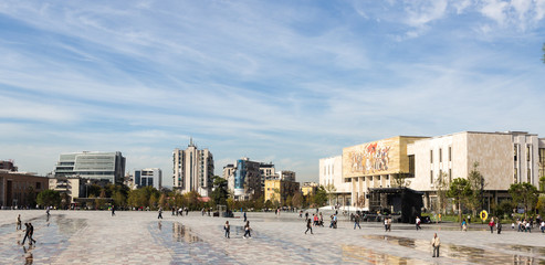 Fototapeta premium Panoramic wide view of the main square in Tirana, the capital city of Albania, in Europe