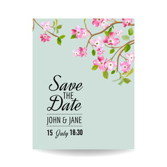 Save the Date Card with Spring Cherry Flowers for Wedding, Invitation, Party, RSVP in vector