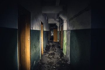 Walkway in creepy abandoned building, dark scary corridor with many doors, horror background concept
