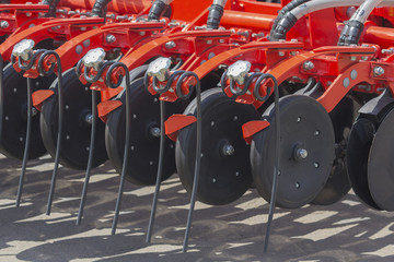 Agricultural machinery in agricultural fair close up. Industry