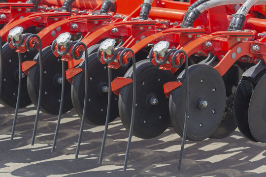Agricultural machinery in agricultural fair close up. Industry