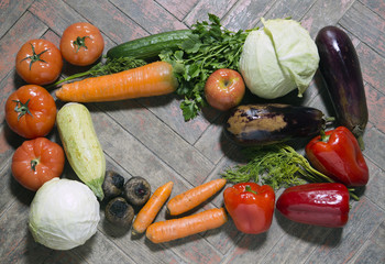 Vegetables on old wooden surfaces, flat lay, .