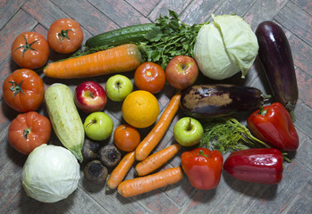 Vegetables on old wooden surfaces, flat lay, ..