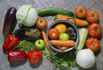Vegetables on old wooden surfaces, flat lay..