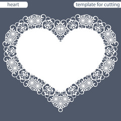 Greeting card with openwork border, paper doily under the cake, template for cutting in the form of heart, valentine card,  wedding invitation, decorative plate is laser cut,  vector illustrations.