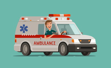 Happy medic goes on car. Ambulance service, emergency care, hospital concept. Medicine vector illustration