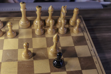 The debut of the chess game. The chess pieces placed on the chessboard.