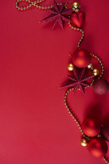 Red christmas decoration on red background. Design mockup