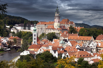 Panorama of city and historic castle in Cesky Krumlov. Czech Republic...