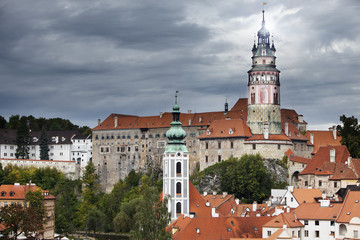 Panorama of city and historic castle in Cesky Krumlov. Czech Republic...