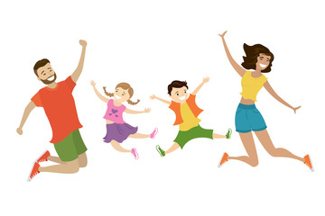 Cartoon happy jumping family,cute smiling people,