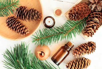 Wood scents for winter time aromatherapy. Pine cones and fresh green fir tree boughs, essential oil bottles, top view. 