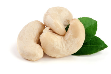 cashew nuts with leaf isolated on white background. macro