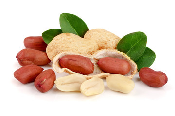 peanuts with leaf isolated on white background