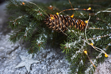 Christmas background. Christmas tree, pine cones and snow over wooden board.
