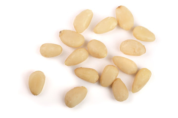 Shelled cedar pine nuts isolated on white background. top view