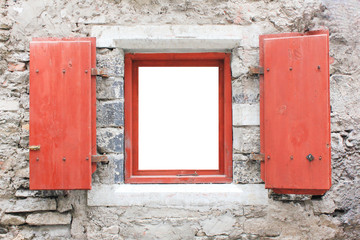 Obraz na płótnie Canvas Wide Open Window on Stone Wall Background with Rustic Red Wooden Frame and Empty White Copy Space in the Middle. Ancient vintage style house facade image with hung sash window close up wallpaper.