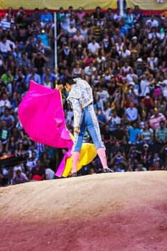 bullfighter making movements in front of the spectators in the arena