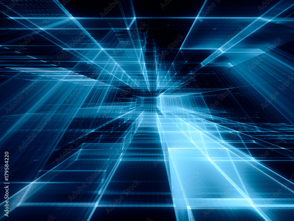 Poster abstract blue toned background element on black. perspective composition of grids and matrix pattern