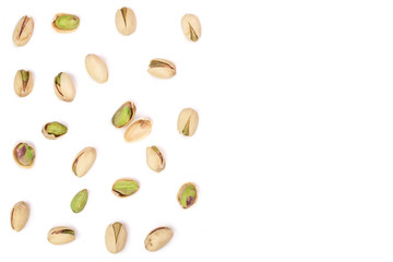 Pistachios isolated on white background with copy space for your text, top view. Flat lay pattern
