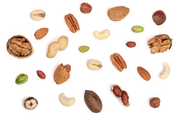 mix of different nuts isolated on white background, Flat lay pattern, Top view