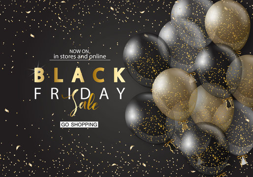 Black friday sale background with transparent realistic balloons. Modern design.Universal vector background for poster, banners, flyers, card.