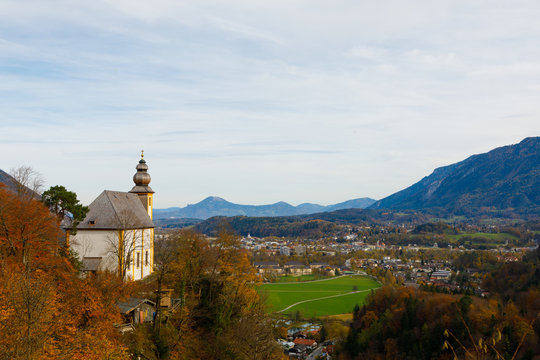 City Bad Reichenhall with Church St Pankraz in late fall