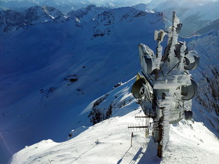 Frozen antenna at Zugspitze ski area in Alps at winter, Germany