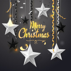 Merry Christmas and 2018 New Year background for holiday greeting card, invitation, party flyer, poster, banner. White, black, star, serpentine, realistic confetti on black background.