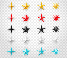 Stars realistic set of different colors isolated on transparent background. Decoration design element for your design