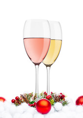 White and rose wine with christmas decoration