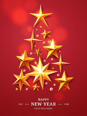 Christmas and New Years Tree made of realistic cutout foil, metal gold stars isolated on red background with luminous elements. For your design layout, mock-up. 3d illustration 