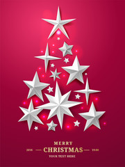 Christmas and New Years Tree made of realistic cutout paper stars isolated on red background with luminous elements. For your design layout, mock-up. 3d illustration 