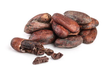 unpeeled cocoa bean isolated on white background macro top view