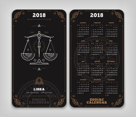 Libra 2018 year zodiac calendar pocket size vertical layout Double side black color design style vector concept illustration