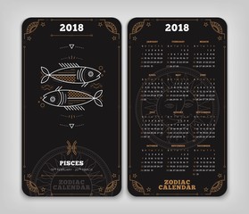 Pisces 2018 year zodiac calendar pocket size vertical layout Double side black color design style vector concept illustration