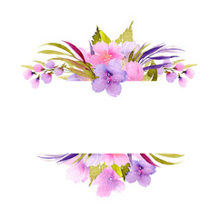 Obraz premium Frame border with pink and purple small wildflowers and green plants, hand painted in watercolor on a white background, for greeting card, wedding design, decoration postcard or invitation