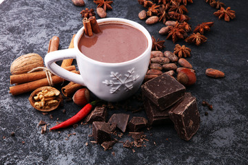 tasse de chocolat chaud, bâtons de cannelle, noix et chocolat sur table noire.