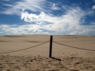 post in endless sand dunes isolated on blue sky in the National Park Poland