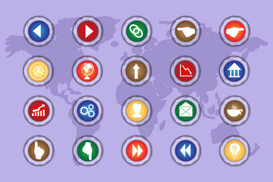 A set of icons on colored buttons with transparent elements. Part 3