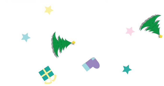 Happy New Year and Merry Christmas background with motion of abstract colorful stars, Xmas tree and gifts on a white background, seamless loop. Flat vector style 2D cartoon animation loopable.