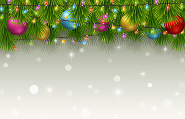 Fototapeta na wymiar Christmas background with fir tree branches, color balls, and light bulbs