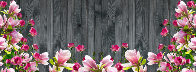 Fototapeta na wymiar Holiday background with pink magnolia flowers