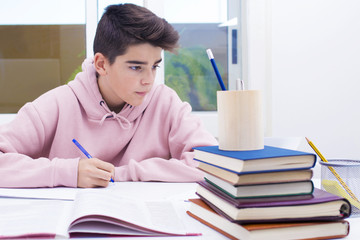 teenage boy studying at school or at home
