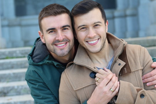 Happily married gay couple close up