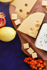 Various cheeses, lemon, pomegranate, viburnum and rowan berries, honey, jam, cheese on a wooden board, fruits and cheese on a dark blue background, blue cheese in a retro-style cheese, a pop art style