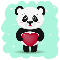 Panda with a red heart in his paws, in the style of the cartoon stands.