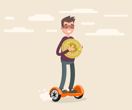a guy skateboarding on a gyro and holding a bitcoin coin in his hand.