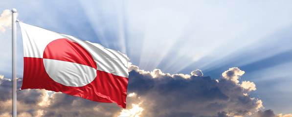 Greenland flag on blue sky. 3d illustration