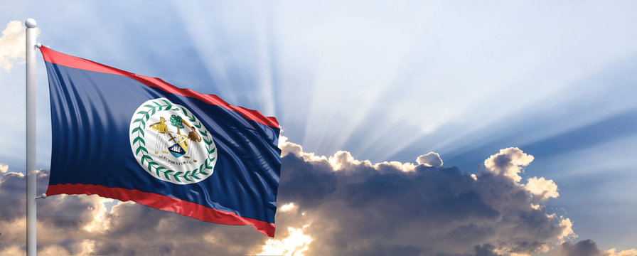 Belize flag on blue sky. 3d illustration